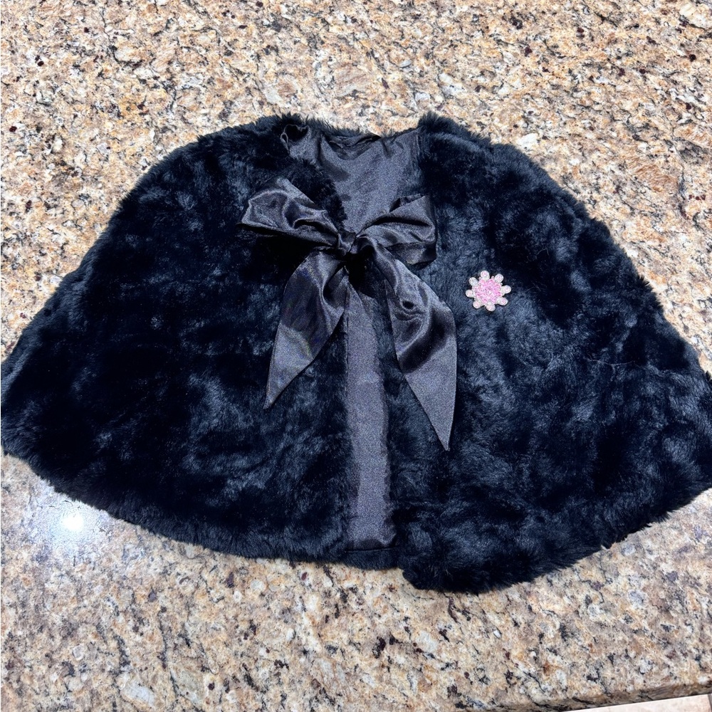 Black faux fur girls, cape jacket with rhinestone brooch